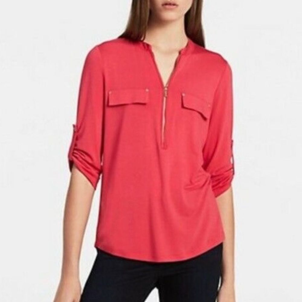 Calvin Klein Womens L Pink Blouse Gold Zip Roll Tab Sleeve Utility Work Top